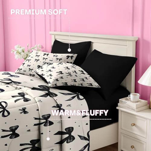 Image of Nesker Bow Comforter Set Queen Size, 7 Pieces Bed in a Bag, Black Bow Bedding Set for Girls, Coquette Heart Comforter Set with 2 Pillowcases & 2 Shams