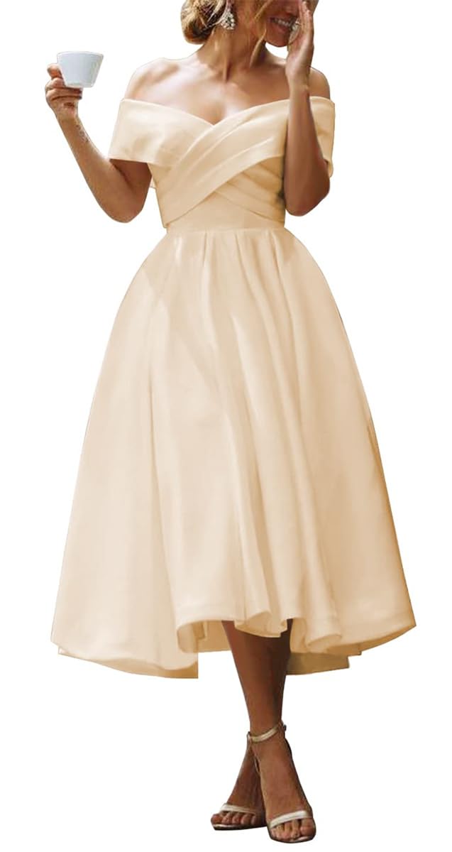 Yiann Women's Champagne Satin Bridesmaid Dresses For With Pockets Pleated A Line Off Shoulder Formal Dress A Line Ball Gown Uk18