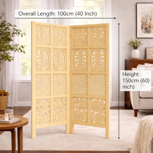 Image of Wooden Room Divider | MDF Privacy Screen Partition | Freestanding Folding Floor Panel | Decorative Carved Handicraft Separator for Living Room, Bedroom & Office (Cream, 5 feet 2 Panels)