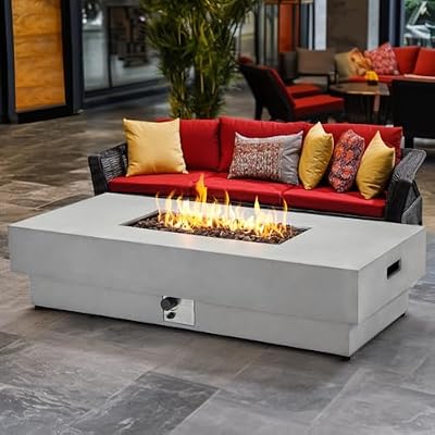 HDLKRR 60 Inch Outdoor Propane Fire Pit Table, 50,000 BTU Natural Gas Firepit Rectangular Concrete Fire Table with Steel Lid, Natural Gas Orifice, Rain Cover for Outside Patio, Deck, Backyard, Garden