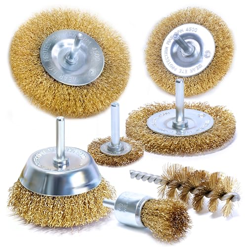 S&R Juego 7 Cepillos de Alambre para Taladro - Cepillos Metálicos Laton en Acero para Madera y Metal.- Profesionales para Pulir y Lijar