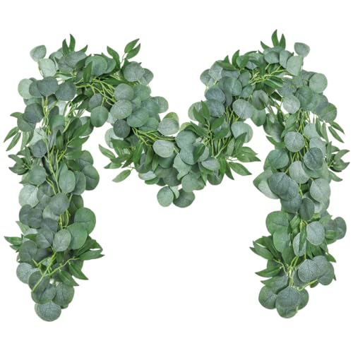 MOLENCO 2 Pcs Artificial Eucalyptus Garland with Willow Leaves, 6.5Ft Faux Eucalyptus Willow Leaves Hanging Greenery Vines Garland for Wedding Arch Party Table Wall Decoration