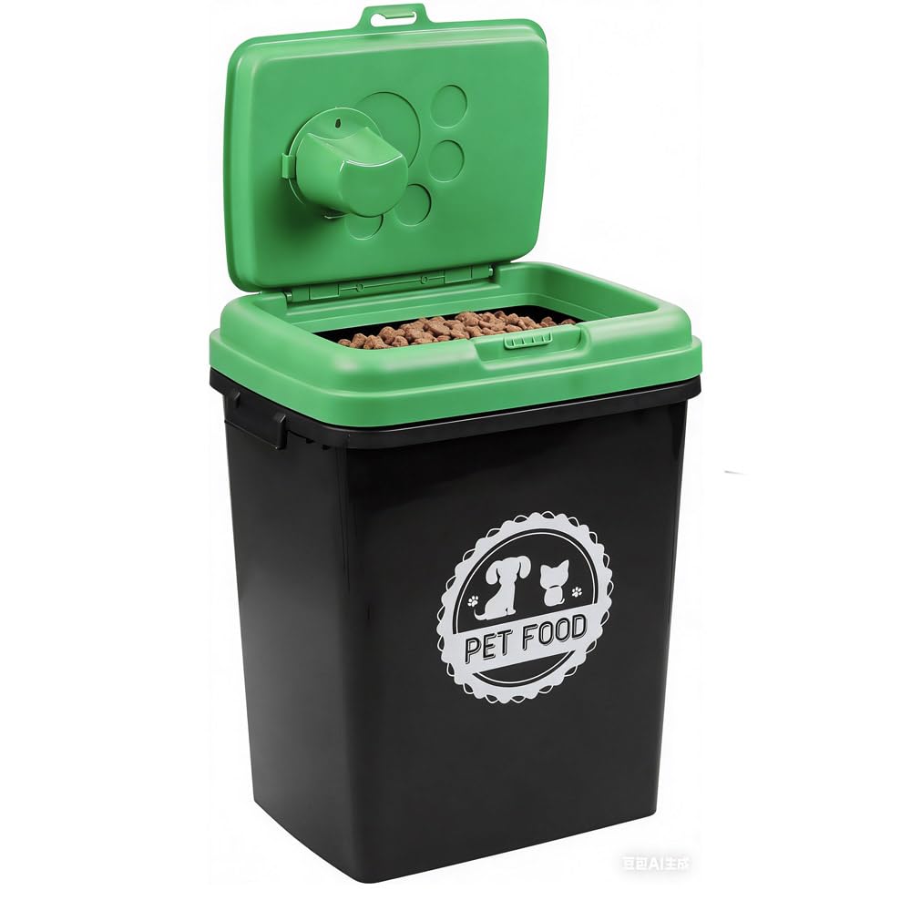Greenfields 40L/15KG - Pet Food Storage Airtight Storage Container with Flip Top Locking System - Integrated Scoop Food Dispenser Bin, Birds, Pets, Cat, Dog, Fish, Pellet (Black/Green)