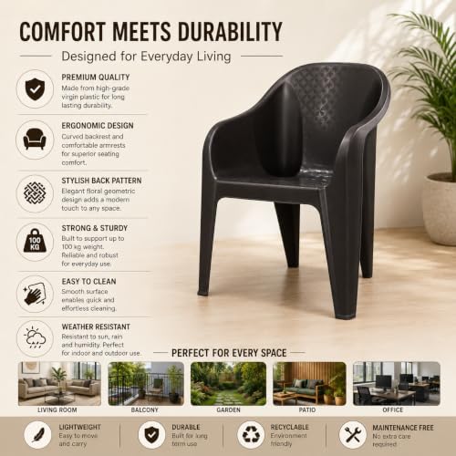 Image of Plastic Arm Chair for Home, Garden, Office, Living Room, Cafeteria Plastic Outdoor Chair | 1 Year Warranty | Color - Brown | Set of 2
