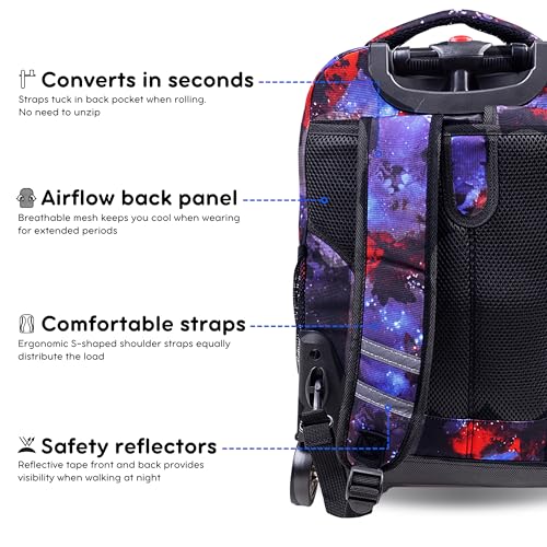 Image of J World Sunrise Kids Rolling Backpack with Wheels for Girls Boys, Roller Bookbag for School, 18 x 13 x 9 Inches, Galax