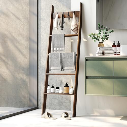 COSTWAY Bamboo Blanket Ladder, 5-Tier Towel Rack Ladder Shelf with 4 Removable Hooks, Farmhouse Decorative Wall Leaning Storage Shelving Unit Blankets Towel Holder for Bathroom Bedroom - Cosy Home Interiors COSTWAY Bamboo Blanket Ladder, 5-Tier Towel Rack Ladder Shelf with 4 Removable Hooks, Farmhouse Decorative Wall Leaning Storage Shelving Unit Blankets Towel Holder for Bathroom Bedroom - Image 2