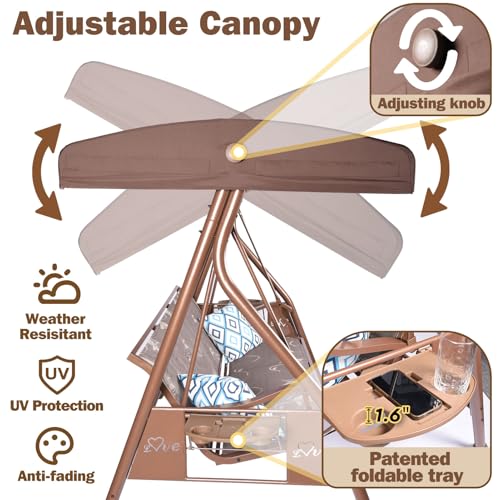Image of ZZW 3 Person Patio Swing Outdoor Swing for Adults with Adjustable Canopy &Upgraded Cup Holders Textilene Fabric Porch Swing Chair with Stand Heavy Duty 800 LBS
