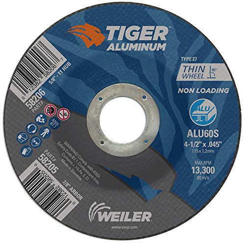 Image of Weiler 58205 4-1 /2 Inch Cutting Wheel, Tiger Aluminum Non-loading Contaminant-free High Performance Cutting, .045 inch ALU60S Type 27 7 /8 inch Arbor, Pack of 25