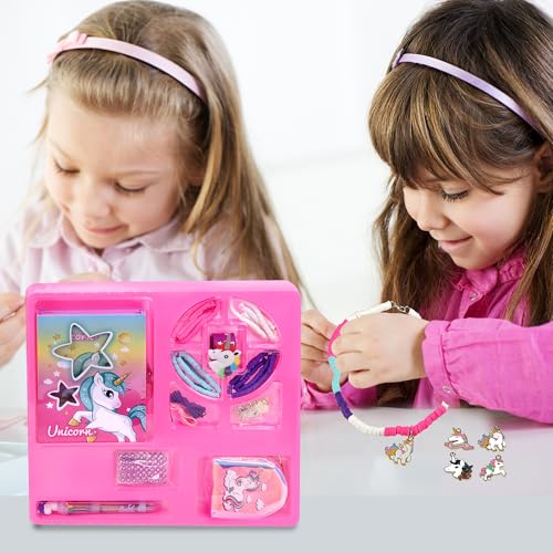 Image of FLO Unicorn Glam Craft Set- 1500+ Pcs Jewelry & Craft Kit for Girls | Diary with Secret Storage, Coin Pouch Keychain, Colored Clay Beads,Unicorn Charms,DIY Bracelet Necklace Making Kit for Kids