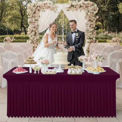 Image of Smiry 2 Pack Spandex Elastic Fitted Table Cloth Skirt for 8FT Table | Stretch Washable Table Cloth, Banquet Table Cover for Wedding, Party, Indoor & Trade Shows, (Jujube Red, 96Lx30Wx30H)