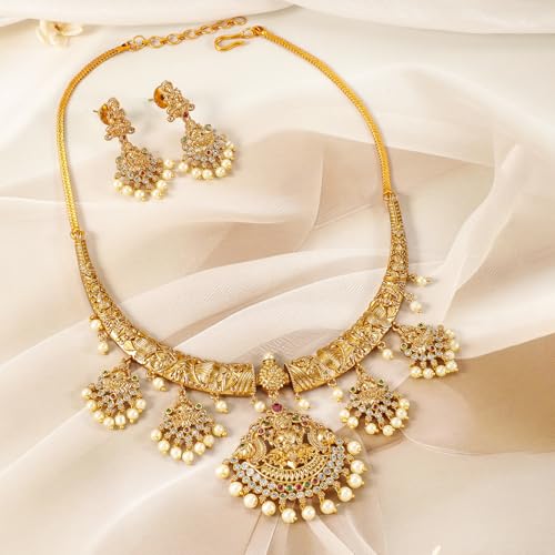 Image of Rubans Gold Plated Temple Necklace Set Traditional Statement Jewellery Gift for Women & Girls