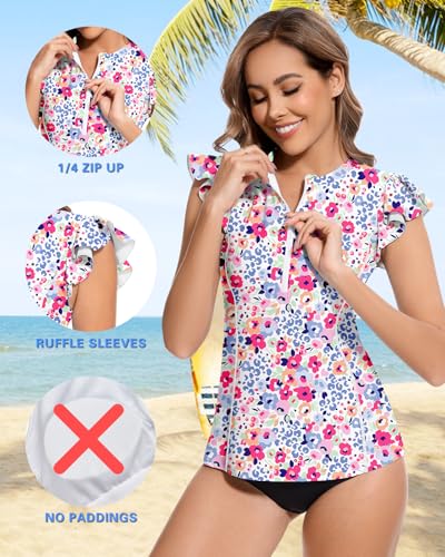 WOWENY Women’s Swim Shirts Rash Guard UPF 50 Sun Protection Zipper Tankini Tops Ruffle Sleeve Bathing Suit No Bottom4
