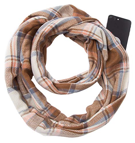Fashion Infinity Scarf Plaid & Tartan Lightweight Travel Scarves for Women Girls Ladies with Hidden Zipper Pocket