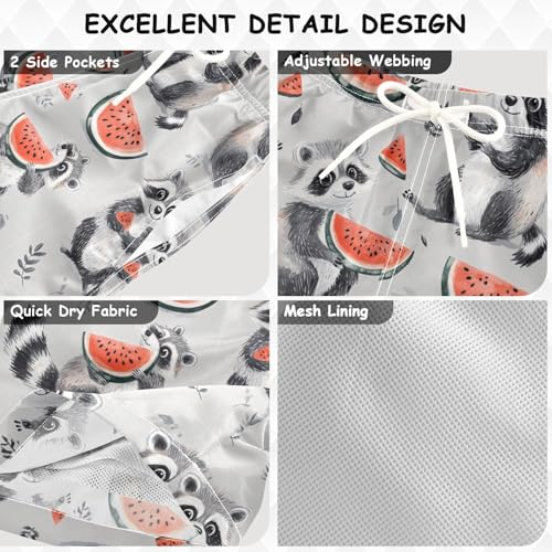 Pigsaly Boys' Swim Board Shorts Watermelon Cute Grey White Raccoon Boy's Swim Trunks Kids Swimwear 2T3