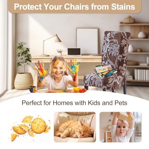 Image of SearchI Dining Room Chair Covers Set of 4, Stretch Printed Parsons Chair Slipcovers Removable Washable Kitchen Chair Protector Cover for Dining Room, Hotel, Ceremony (Brown+Flower)