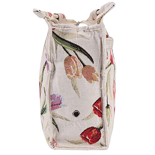 Wood Handles Knitting Bag, Lightweight Exquisite Wood Handle Fabric Large Capacity Travel Yarn Storage Bag Tote Organizer for Knitting Needles Sewing Tools (Red Flower)