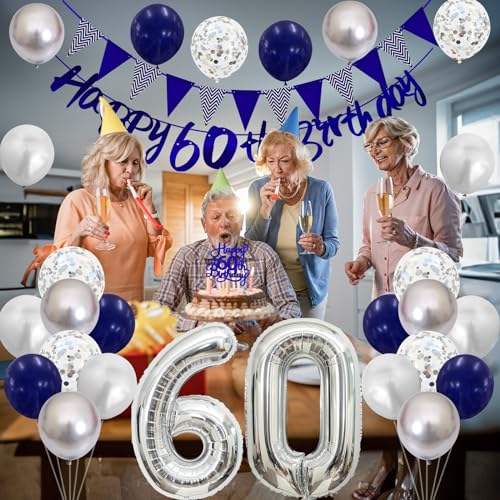 Image of 60th Birthday Decorations for Men Women, Blue Silver White Birthday Balloons, Blue Happy 60th Banner Cake Topper Number 60 Foil Balloon for 60 Year Old Party Decoration
