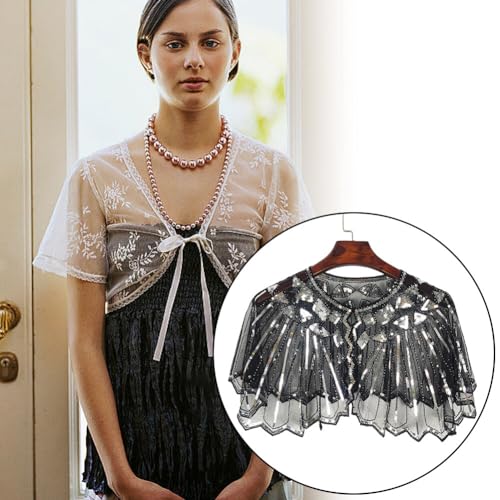 1920s Shawl Wraps Sequin Beaded Evening Cape Bridal Shawl Bolero Flapper Cover Up Oversize Transparent Mesh Shawl Wrap (Black Golden)4