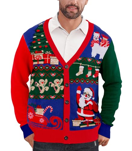 RAISEVERN Ugly Christmas Sweater for Mens Cardigan Button Down V Neck Funny Knit Xmas Holiday Party