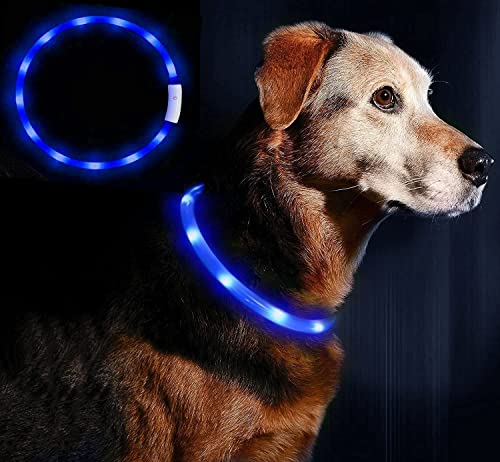 Collier Chien LED Lumineux Rechargeable LED Clignotant Collier de Sécurité Taille Unique pour Tous Les Chiens, Coupe Ajustable à Toutes Les Tailles - 3 Modes 12 Lumières(Bleu)