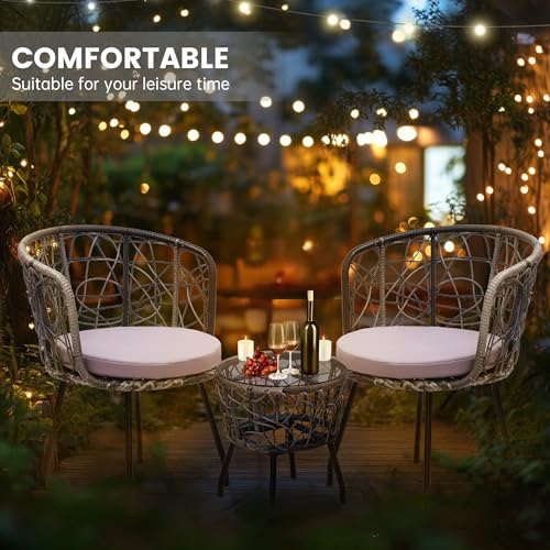 Image of Kromax 3-Piece Patio Modern Bistro Set, Grey /Grey | Outdoor All-Weather Wicker Furniture Chairs and Side Table Set, Ideal for Balcony, Porch and Backyard