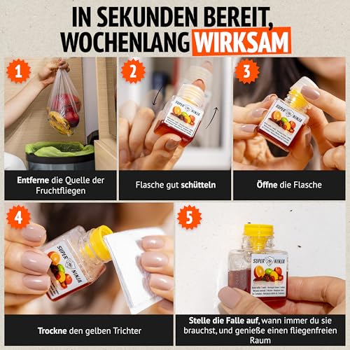 Super Ninja Fruchtfliegenfalle für Innenbereich – 4er-Pack, Wirksame Obstfliegenfalle für Haushalt und Küche, bis zu 3 Wochen Leistung pro Flasche, Kinder-und haustierfreundlich