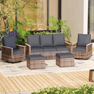MELLCOM 5 Pieces Patio Furniture Set, Outdoor Swivel Glide Chairs with Ottomans and 3-Seat Sofa, All-Weather Patio Conversation Set with Water-Resistant Cushions and High Back for Garden, Backyard