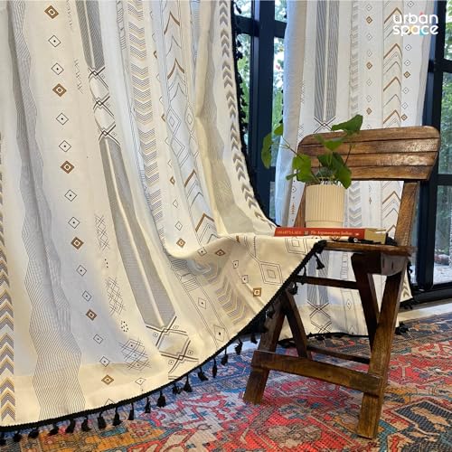 Image of Urban Space 100% Cotton Curtain for Long Door, Boho Decorative Curtains 8 feet with Eyelets and Tieback, Pack of 2 Curtains with 2 Cushion Covers (8 x 4ft, Cushion Cover- 16 x 16 inch, Boho Grey)