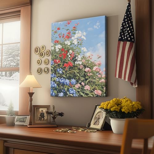 Image of Memorial Day Canvas Wall Art, Red White Blue Flower Pictures Print, Summer Wildflower Bloom Under Blue Sky Poster, Patriotic Memorial Day Floral Framed Art for Farmhouse or Porch Decor 20x24inch