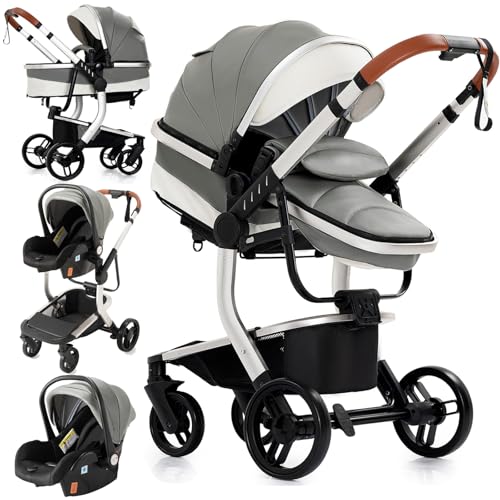 MoLi 3 en 1 Poussette Combinée Poussette Citadine Landau Poussette Canne Poussette Système de Voyage pour Bébé Poussette Paysage Haute pour Bébé Inclinable Pliable Poussette Standard (518 Grey)