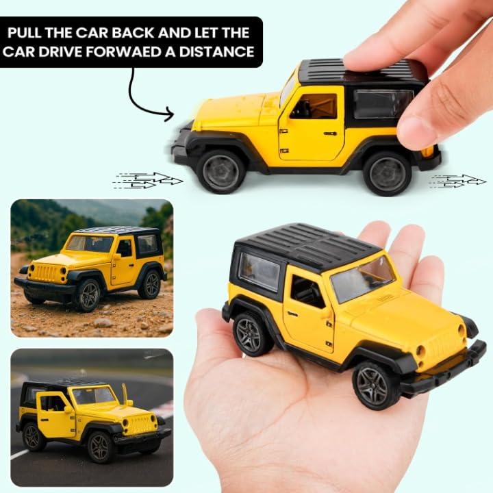 Image of Amisha Gift Gallery Thar Diecast Metal Toy Car for Kids, Yellow, 1:32 Scale | Pull Back Action, Openable Doors, Mini Jeep SUV Model Vehicle, Lights & Sound, Collectible