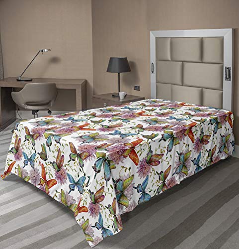 Ambesonne Butterfly Flat Sheet, Flying Butterflies with Floral Elements Vivid