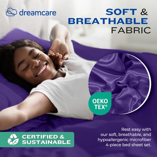 Image of DREAMCARE Full Size Sheets - Cooling Sheets - 4pcs Set - up to 15 inch Deep Pocket Full Sheet Set - Sheets Full Size Bed - Soft & Long Lasting 100% Fine Brushed Polyester with Side Pocket - Purple