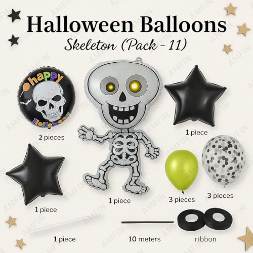 Image of AMFIN (Pack of 11) Halloween Skeleton Balloon Decoration Party Kit with Skeleton Foil Balloon, Happy Halloween Balloons, Green Chrome Balloons, and Black Confetti Balloons - Spooky Party Supplies