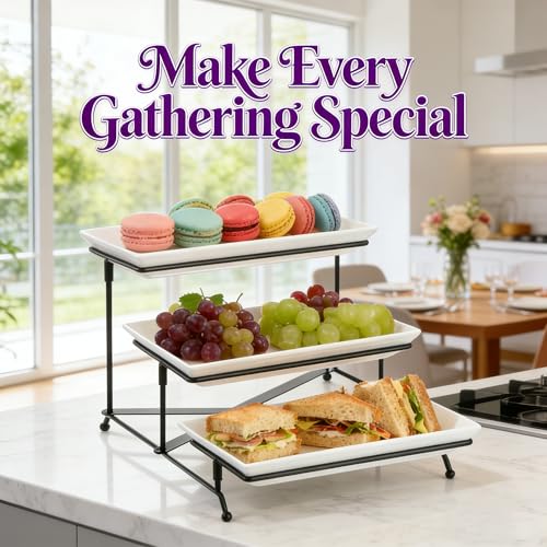 Farielyn-X 3 Tier Serving Tray, 12" White Plastic Tiered Food Serving Platters, Reusable Tray Stand Black Collapsible Metal Stand with Stable Cross Bars, Party Display Stands for Veggie Fruit, Dessert
