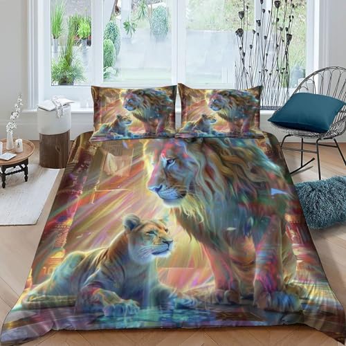 Parure de lit microfibre motif lion housse de couette zippée