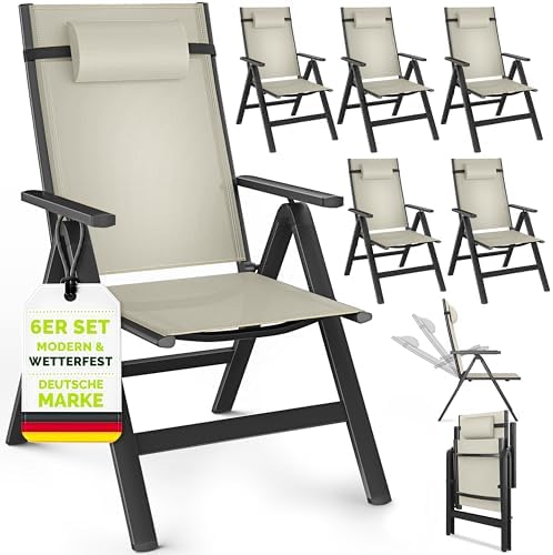 tillvex® Gartenstuhl Hochlehner 6er Set mit Armlehnen & Kopfkissen | Klappstuhl 7-fach Verstellbar | Campingstuhl Klappbar, Wetterfest & Atmungsaktiv | Gartenstühle Balkon Terrasse