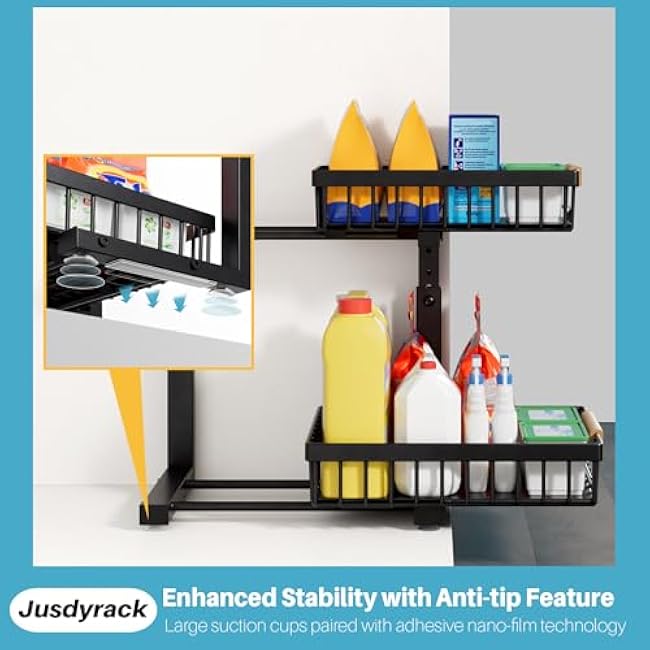 Under Sink Organizers and Storage,2 Packs 2 Tier Sliding Pull Out Cabinet Storage Shelf, Metal Drawer for Kitchen Bathroom Cabinet, Under Sink Organizer Organization Rack, Rust-Resistant Black