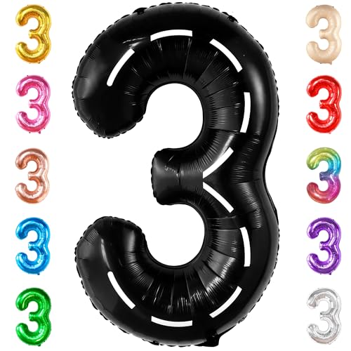 Image of KatchOn Black Number 3 Balloon 40 Inch, 3rd Birthday Decorations for Boys | Number 3 Race Car Balloon for Construction Birthday Party Supplies 3 Year Old
