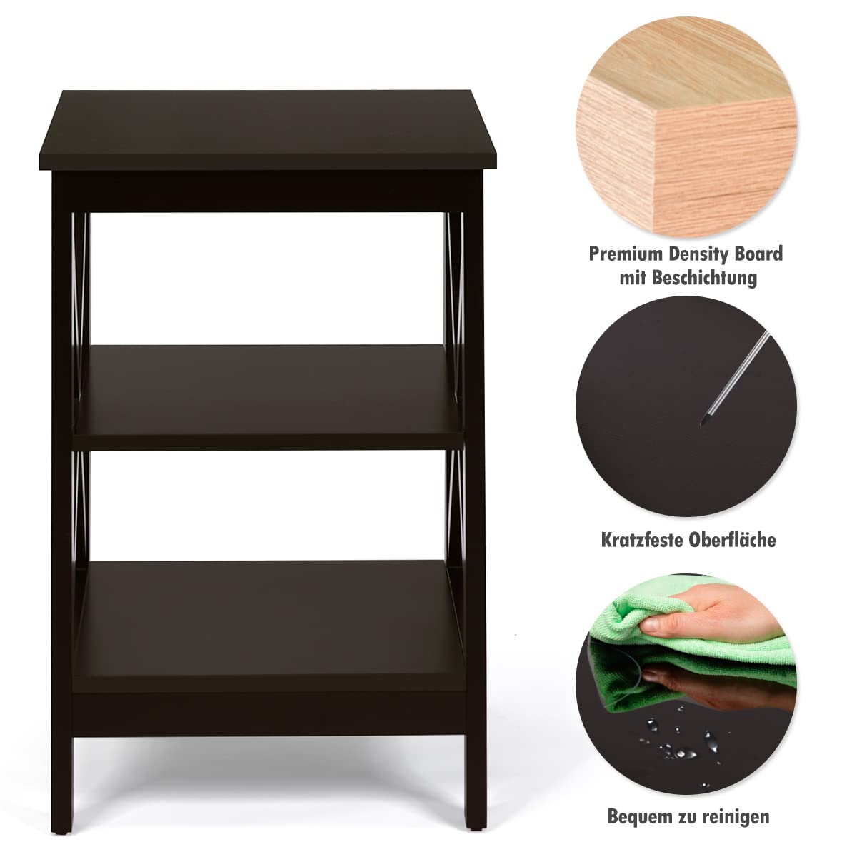 COSTWAY Nachtkastje met 3 niveaus, bijzettafel, nachtkastje, salontafel