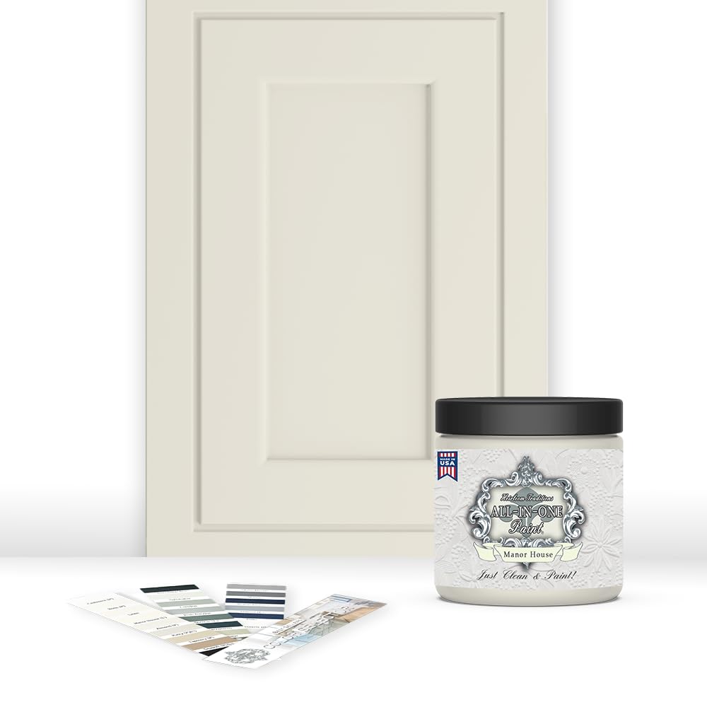 ALL-IN-ONE Paint, Durable cabinet and furniture paint. Built in primer and top coat, no sanding needed. Includes our 30 featured color card - Manor House (creamy off white), 8oz Sample