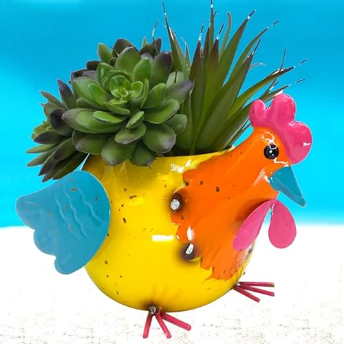 The Joy Tree Chicken Planter Pot Colorful Farmhouse Metal Rooster Hen Succulent Flower Indoor Outdoor Garden Decor 8"X 5" (Yellow & Orange) #TOP4
