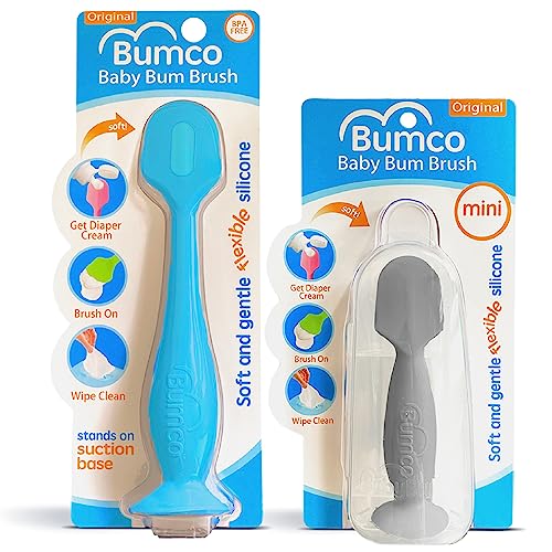 Image of Bumco 2-PACK Diaper Cream Spatula - FULL-SIZE + MINI Baby Bum Brush with TRAVEL CASE - Diaper Cream Applicator for Baby - Baby Necessities - Suitable for Aquaphor, Desitin - Blue & Gray