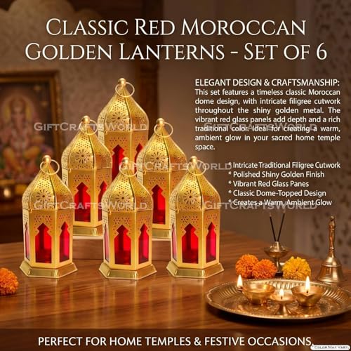 Image of Moroccan Lanterns & Candle Holders for Home Decor - Unique Diwali & Christmas Gifts (Red, Set of 6)