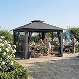 PEILU 3x3m Gartenpavillon, Pop-up Gartenlauben mit 4x4m Belüftetes Doppeldach & 4 Moskitonetzen & Tragetasche mit Rollen, 3-Stufen Höhenverstellbar Faltpavillon für Garten Grillpartys (Anthrazit)