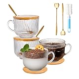 megarte Vintage Glass Coffee Mugs - 14 Oz Ribbed Glass Mugs with Bamboo Lids and Golden Spoons Set O