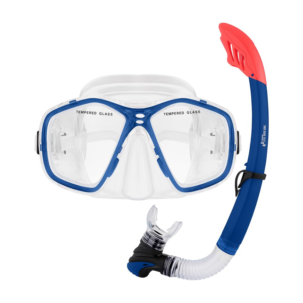 Two Bare Feet Adult PVC Snorkel & Mask Set – Anti-Fog Tempered Glass Diving Mask with Adjustable Snorkel for Snorkelling, Swimming & Scuba Diving (Blue)