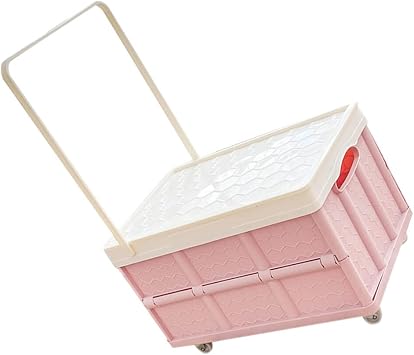 Pink Foldable Plastic Storage Box with Wheels, Stackable Large