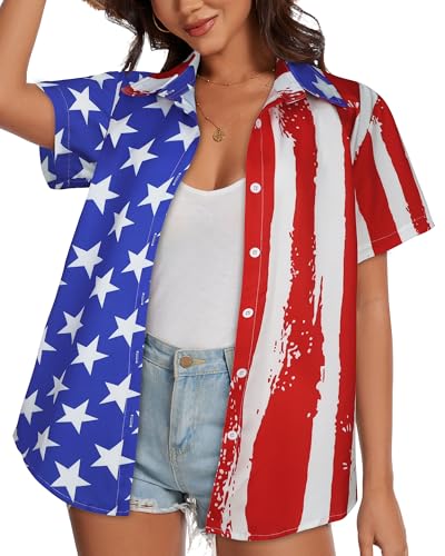 Image of Women Hawaiian Shirt Button Down Summer Tops Beach Short Sleeve Blouse
