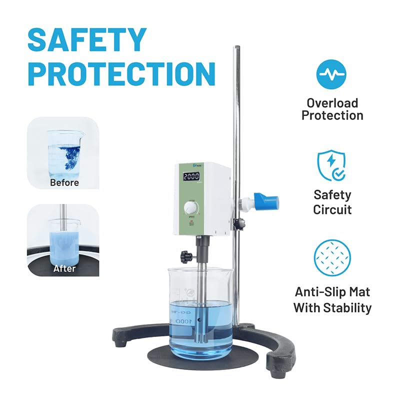 High Speed Lab Homogenizer 2000–20000rpm, Digital Disperser Emulsifier, 20–1200mL, Max 5000mPa·s (Low–Medium Viscosity Only), Auto Overload Protection，2 Dispersing Heads